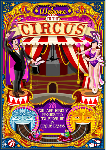 Circus carnival tent marquee amusement family theme park poster magician background magic show birthday invite set. Creative design vector illustration collection