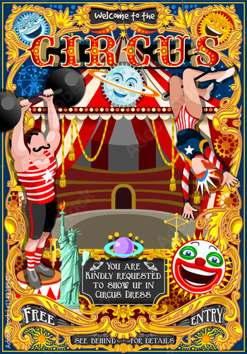 Circus carnival tent marquee amusement family theme park poster acrobat background artist show birthday invite set. Creative design vector illustration collection