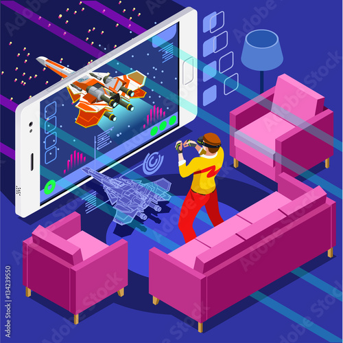 Arcade video game screen and gamer person gaming online with console controller android phone or computer. 3D Isometric People icon set. Creative design vector illustration collection