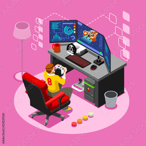 Video game screen and gamer person gaming online with console controller android phone or computer. 3D Isometric People icon set. Creative design vector illustration collection