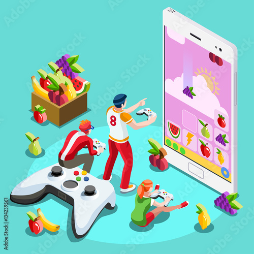 Video game UX development. Web gamer person social gaming online with console controller android phone or computer. 3D Isometric People icon set. Creative design vector illustration collection