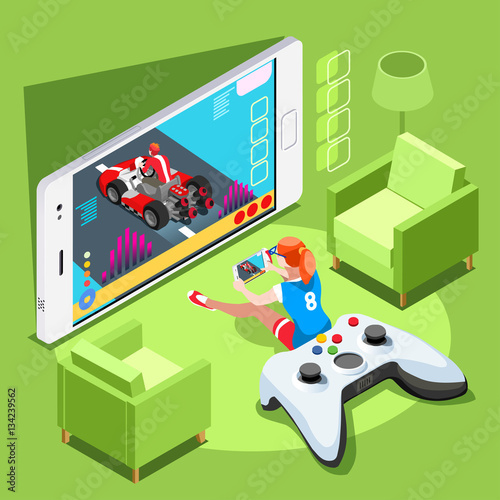 Video game screen and gamer person gaming online with console controller android phone or computer. 3D Isometric People icon set. Creative design vector illustration collection