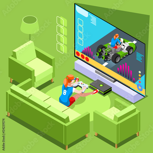 Video game screen and gamer person playing online with console controller android phone or computer. 3D Isometric People icon set. Creative design vector illustration collection