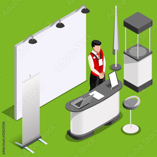 Exhibition booth stand man desk roll up display panel. 3D Isometric People icon set. Creative design vector illustration collection