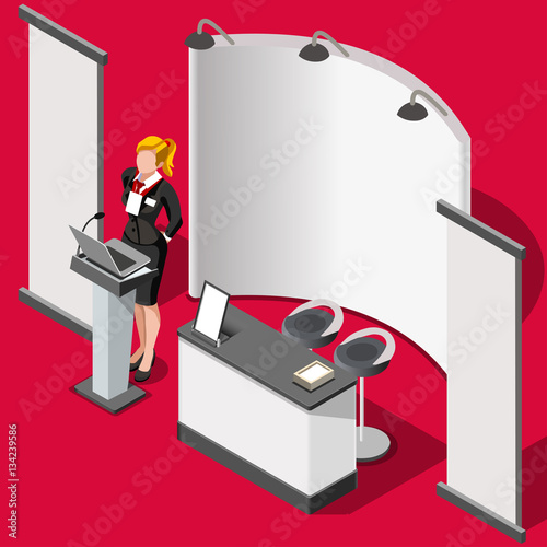 Exhibition booth stand woman desk roll up display panel. 3D Isometric People icon set. Creative design vector illustration collection