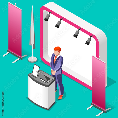Exhibition promotion booth stand desk man roll up display panel. 3D Isometric People icon set. Creative design vector illustration collection