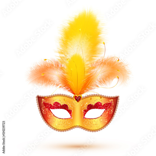 Fototapeta Naklejka Na Ścianę i Meble -  Golden vector carnival mask with yellow and orange feathers, Mardi Gras illustration
