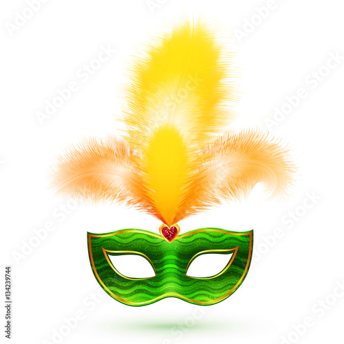 Green vector carnival mask with yellow feathers