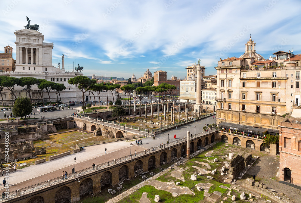 Rome, Italy. Ruins Market and Trajan Forum, (100 - 112 years AD), the Vittoriano monument on Capitoline Hill