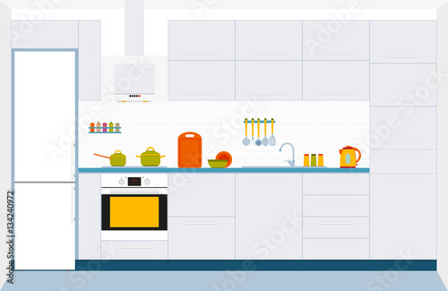 Kitchen interior design. Front view. Vector illustration.