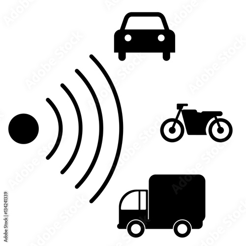 Speed road radar icon. Notice traffic symbol isolated on white with different types of vehicles. Truck, motorcycle, car black silhouettes. Vector illustration