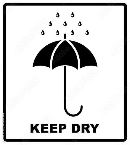 Vector icon packaging sign keep dry with umbrella and drops. Black silhouettes, simple flat design.