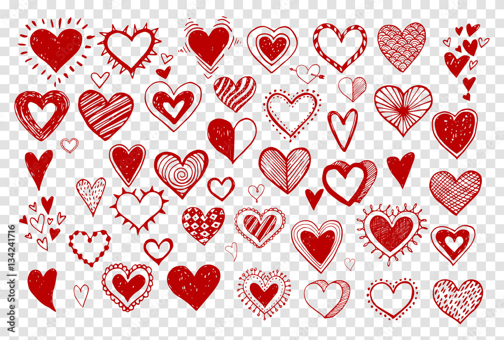 Collection of doodle sketch hearts hand drawn with red ink