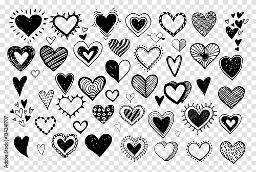 Collection of doodle sketch hearts hand drawn with ink