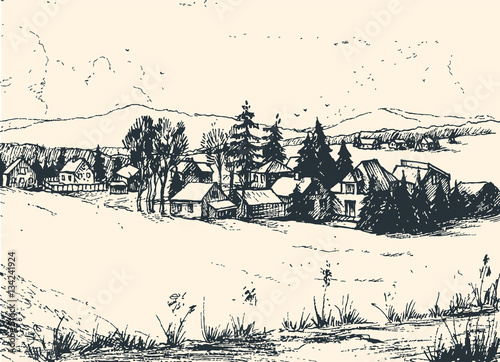 Countryside landscape, Hand drawn illustration sketch.
