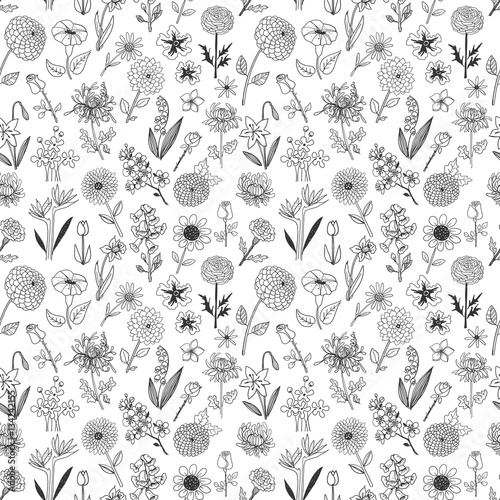 Black and white seamless floral pattern with doodle sketch flowers