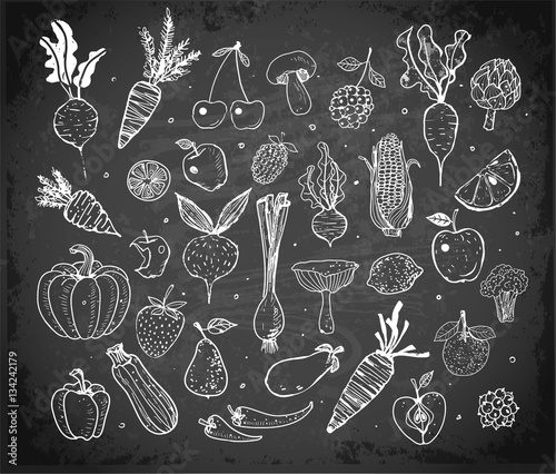 Doodle sketch fresh fruits and vegetables on blackboard background
