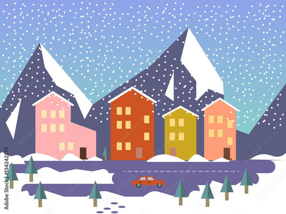 Winter Urban Landscape with Buildings, Street and Cars with Presents. Flat Design Style. vector illusration