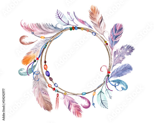Watercolor colorful feathers frame. Hand drawn boho wreath for wedding