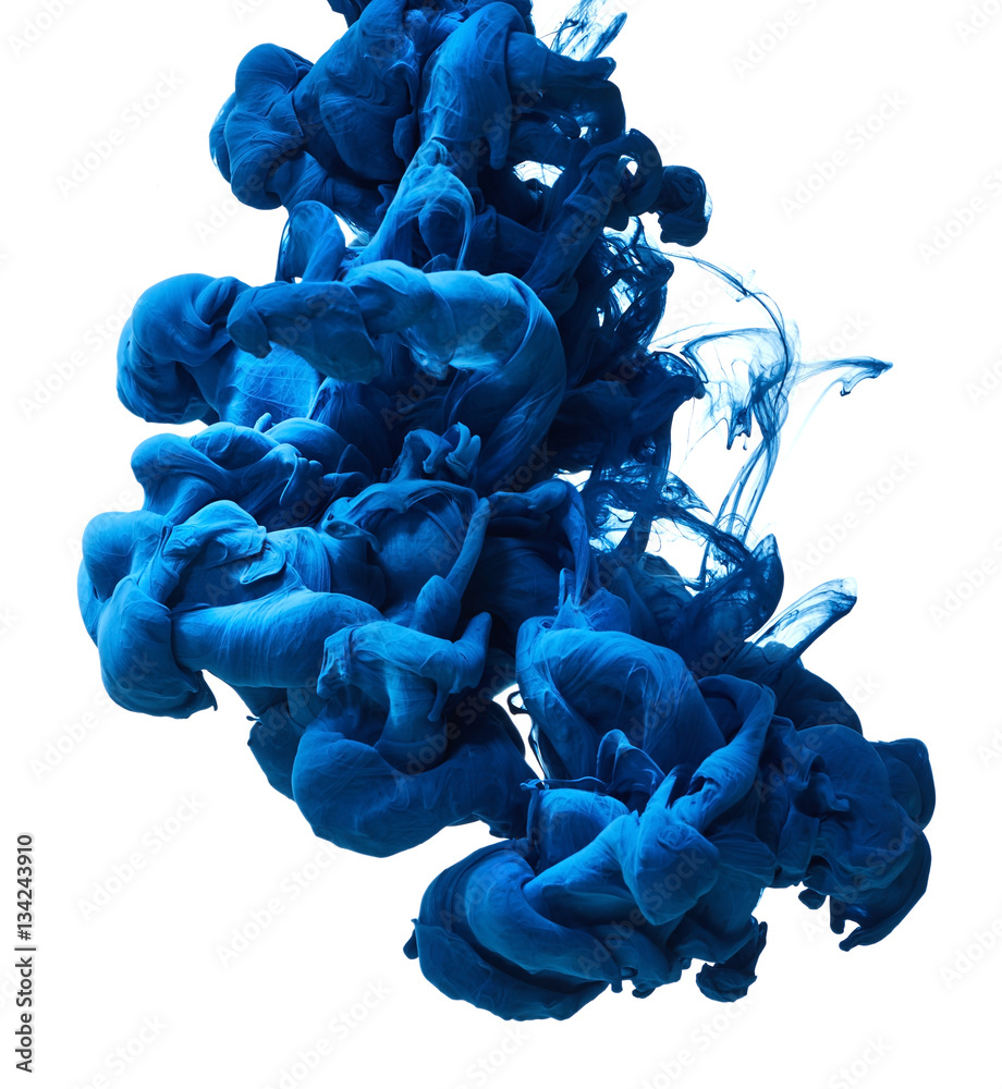 Splash of blue ink in water isolated on white background - obrazy, fototapety, plakaty 