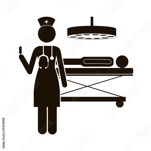 black silhouette nurse in operations room with pacient vector illustration