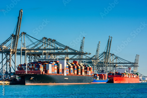 Large Container Ships docked in Harbour of Rotterdam, Netherlands.