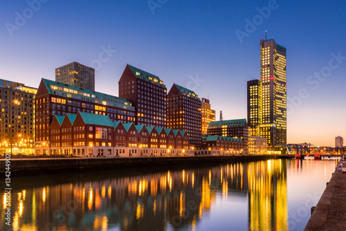 Modern Architecture and Skyline of Rotterdam, Netherlands. Captured around dusk.