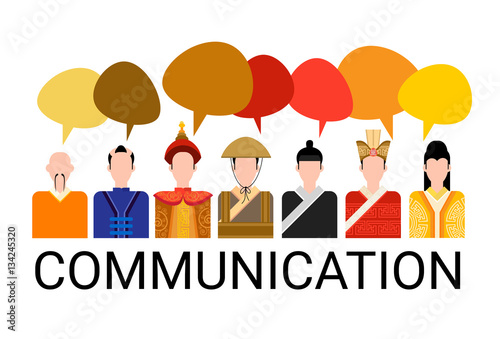 Asia People Group Chat Bubble Communication Concept, Asian Talking Chinese Man Social Network Flat Vector Illustration