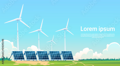 Wind Turbine Solar Energy Panel Renewable Station Flat Vector Illustration