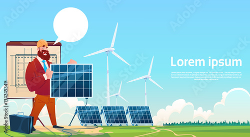Man Wind Turbine Solar Energy Panel Renewable Station Presentation Flat Vector Illustration
