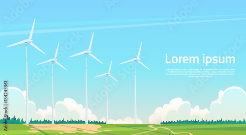 Wind Turbine Energy Renewable Station Nature Background Flat Vector Illustration