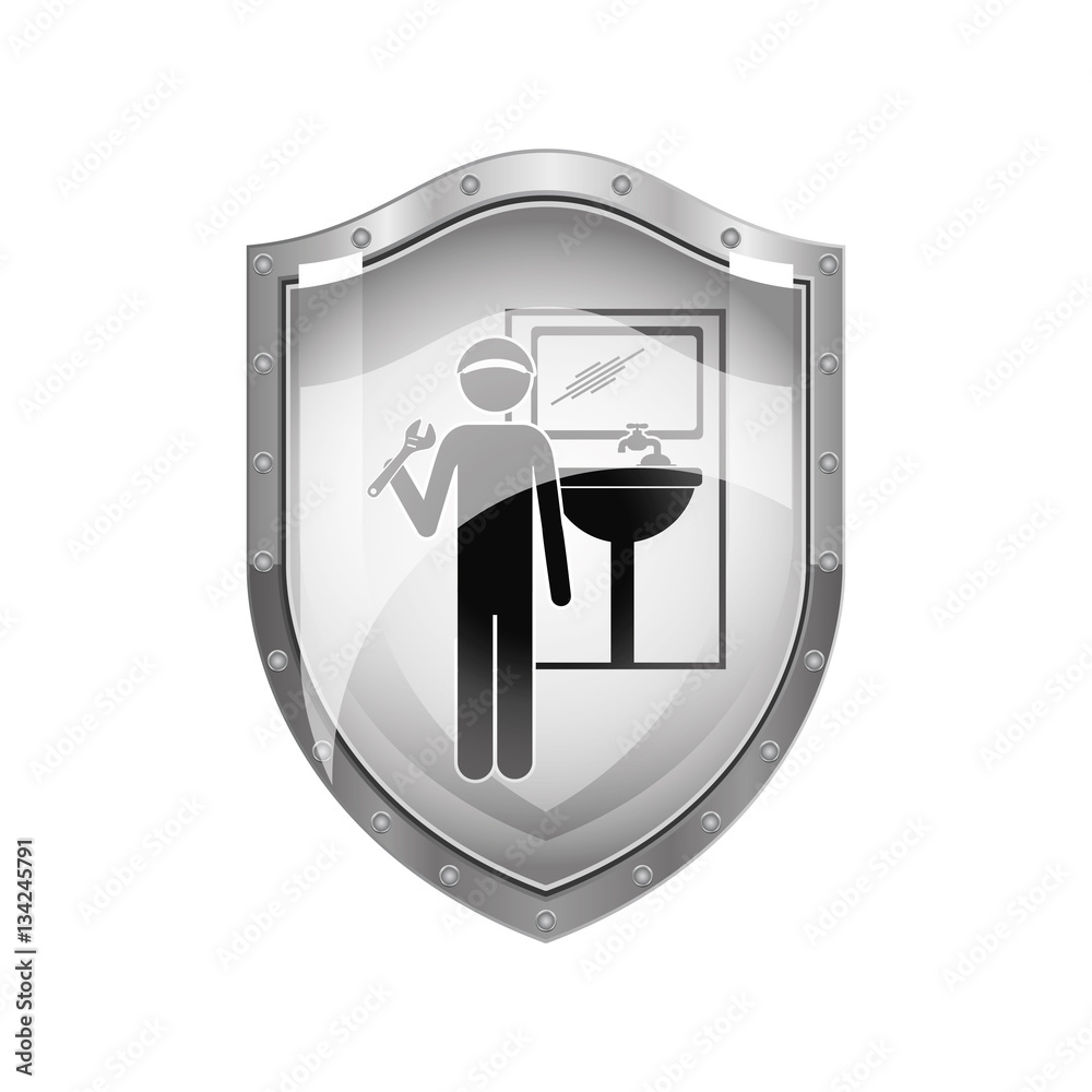 metallic shield of plumber with spanner in bathroom vector illustration metallic shield of plumber with spanner in bathroom vector illustration