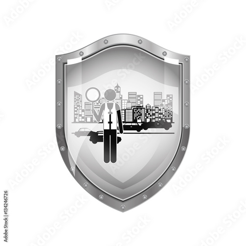 metallic shield of traffic guard in city with cars vector illustration
