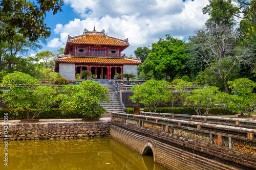 Minh Lau pavilion and Trung Dao bridge at Minh Mang Emperor Tomb in Hue  Vietnam