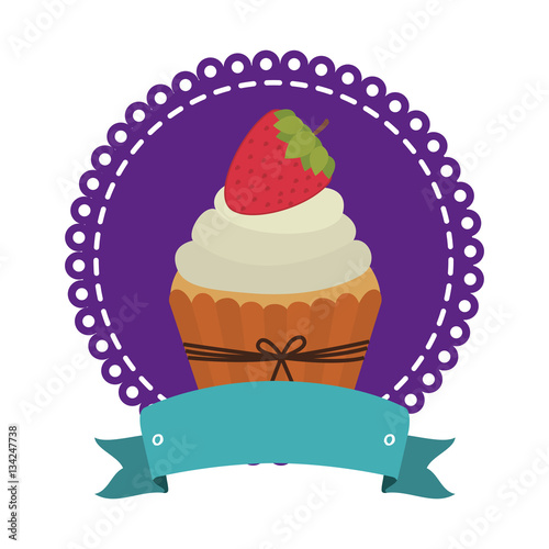 circular border with cupcake with cream and strawberry