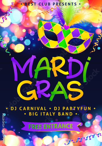 Mardi Gras hand drawn sign and traditional colors carnival mask vector poster