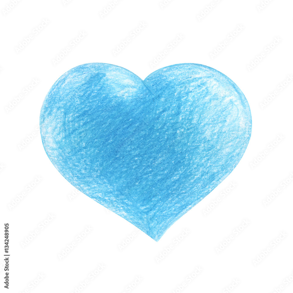 Pencil  hand drawn blue heart.Valentines day.Isolated on white b