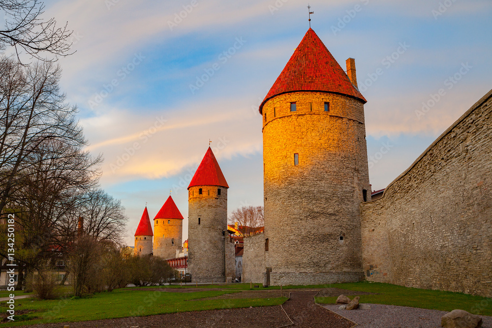 Sunset over towers of Old Town of Tallinn In Estonia. Spring time.