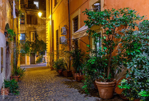 Fototapeta Naklejka Na Ścianę i Meble -  Night view of old cozy street in Trastevere in Rome, Italy