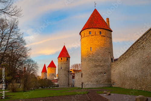 Sunset over towers of Old Town of Tallinn In Estonia. Spring time.