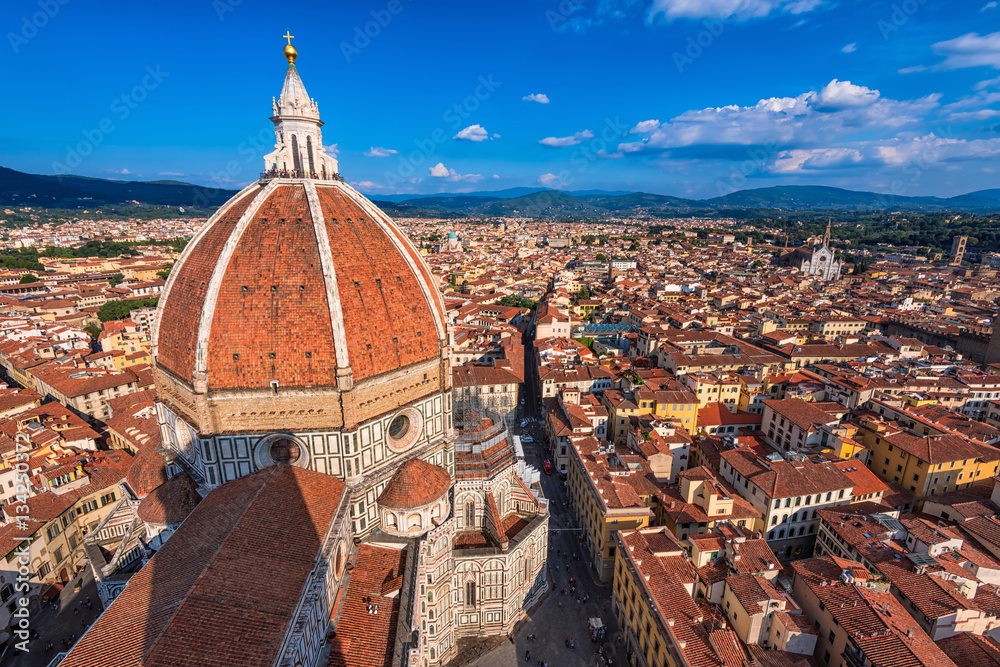 Florence Duomo. Basilica di Santa Maria del Fiore (Basilica of Saint Mary of the Flower) and aerial view of Florence, Italy