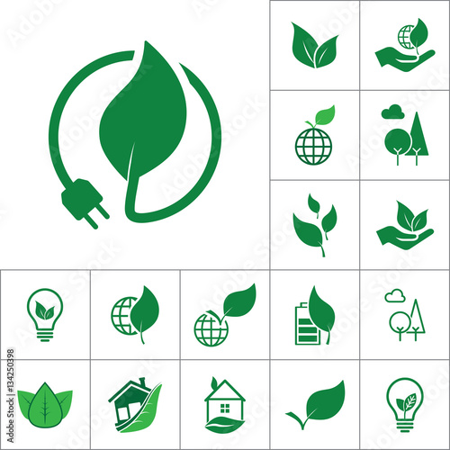 plug with leaf icon, alternative energy set on white background