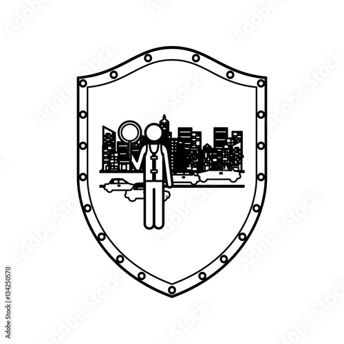contour shield of traffic guard in city with cars vector illustration