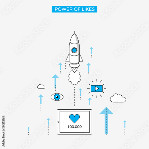 Power of likes - linear style infographics with rocket launch.