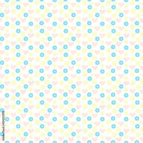 Hand drawn cute seamless pattern with hearts and flowers. Pink, blue and yellow colors.