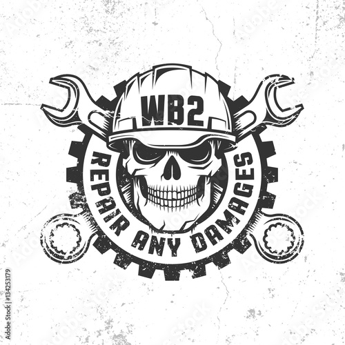 Mechanical repair workshop retro logo with skull in hard hat, crossed spanners and gear. Vector layered illustration - worn textures can be disabled.
