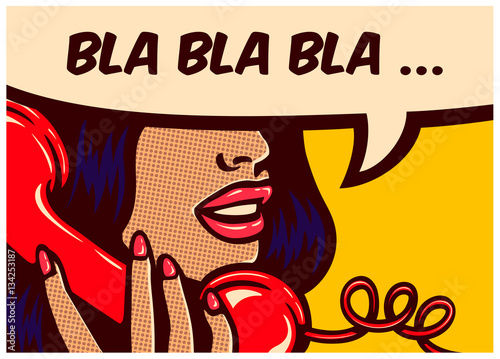 Pop art style comic book panel with girl talking nonsense bla bla on vintage phone gossip chatter in speech bubble vector poster design illustration
