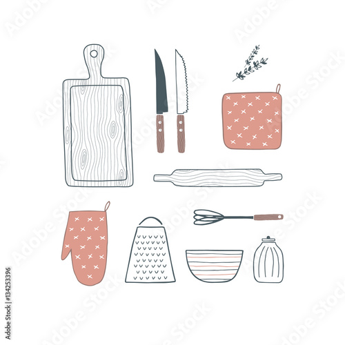 Wooden cutting board, knife, whisk, bowl, grater, rolling pin, oven mitt, pot holder, jar set. Hand drawn cooking utensils. Cookware, kitchenware, kitchen utensils. Vector illustration. Isolated