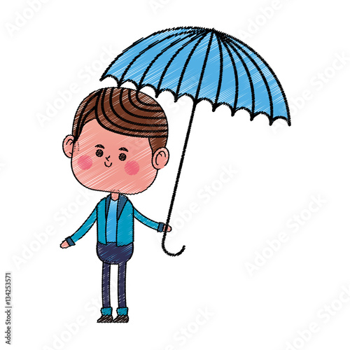 kawaii boy holding a umbrella over white background. colorful design. vector illustration