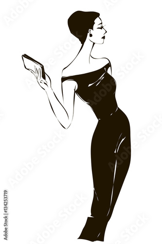 Retro style fashion woman vector illustration, black and white vintage